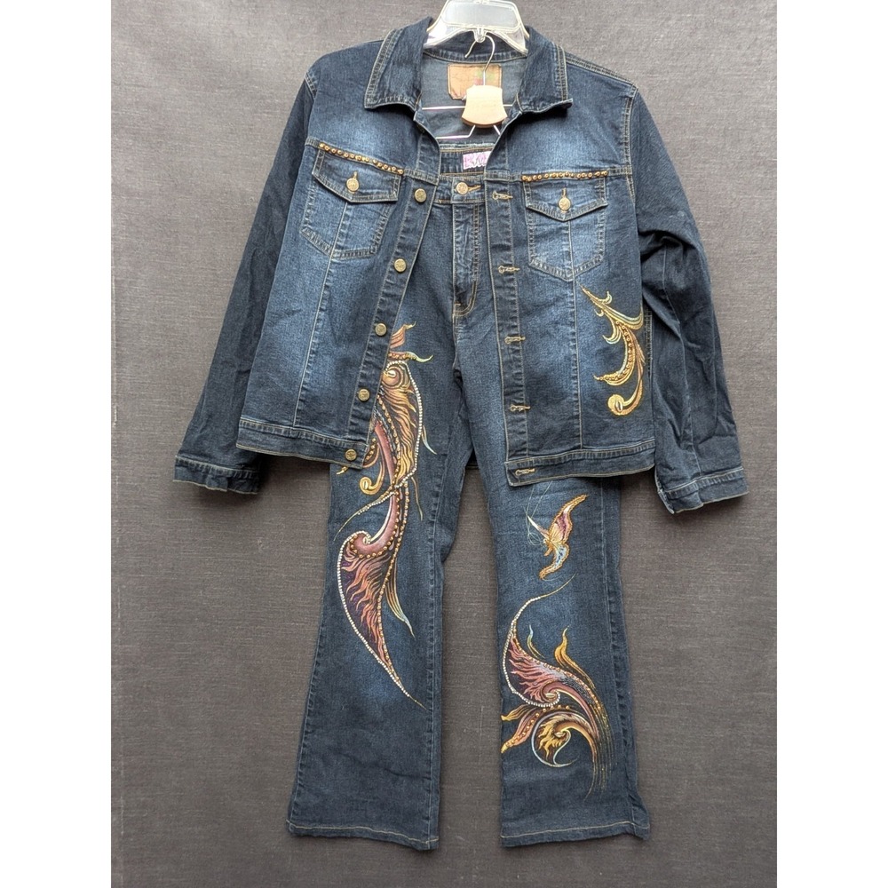 Y2K Sassy Thai Jeans Jeans & Jacket Matching Set Beaded Painted Vtg Size 10/L